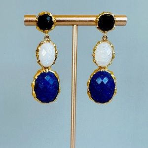 NEW Triple Drop Earrings 14K Gold: Lapis, Moonstone, Onyx